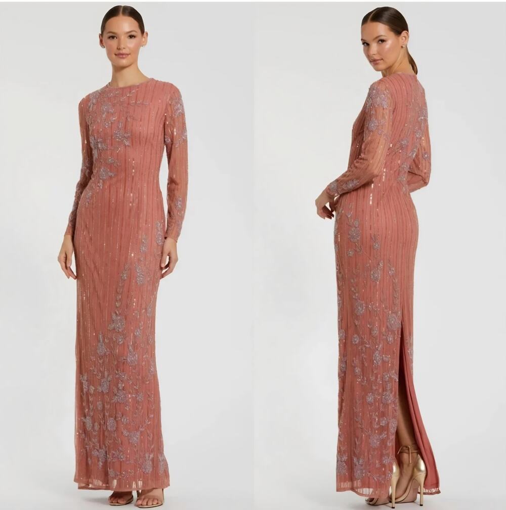 Mac Duggal - Long dress adorned with high collar and long illusion sleeves